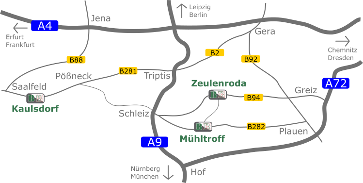 Anfahrtsskizze: BB Beton und Bauwaren - Kaulsdorf - Mühltroff - Zeulenroda