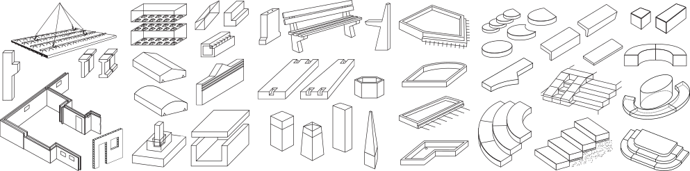 Produkte: Betonfertigteile, Stützen, Rigel, Podeste, Betonwerkstein, Blockstufen, Balkone, Radienstufen, Keilstufen, Stufenrampenelemente, Trittstufen, Winkelstufen, Trittplatten und Fensterbänke, Podeste, Podestplatten, Sitzblöcke, Banksockel